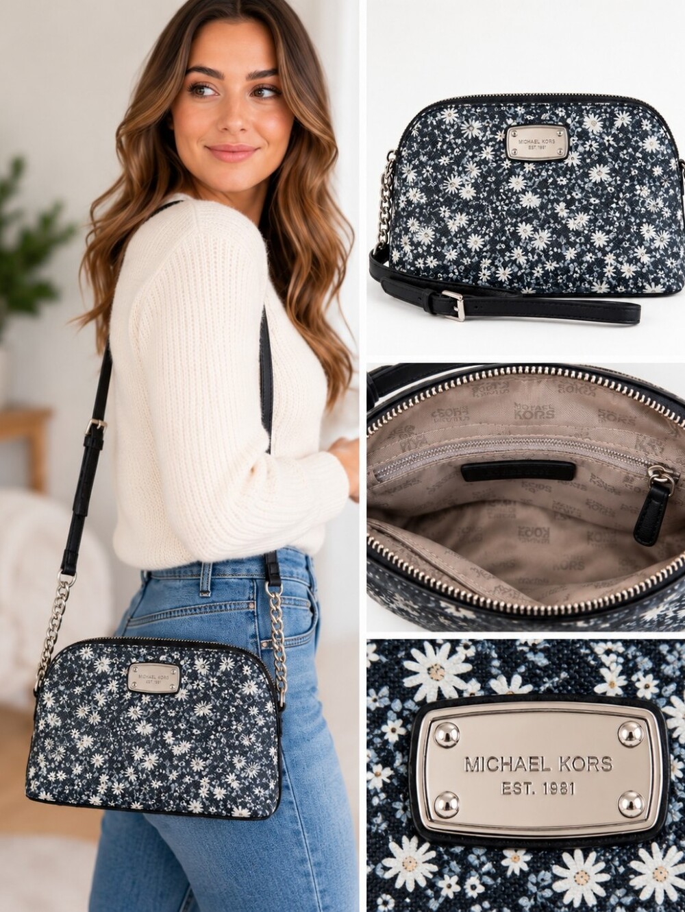 Michael Kors Cindy Floral Dome Crossbody Bag Blue and White B2